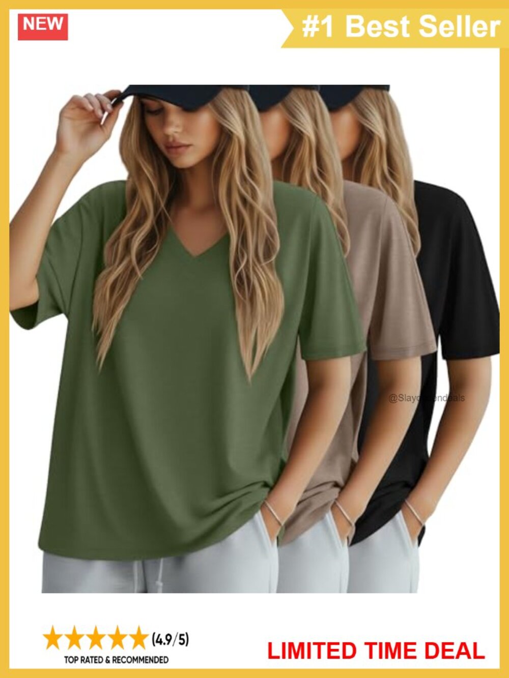Women's Oversized Cotton V-Neck Half Sleeve T-Shirt 3 Pack Loose Fit